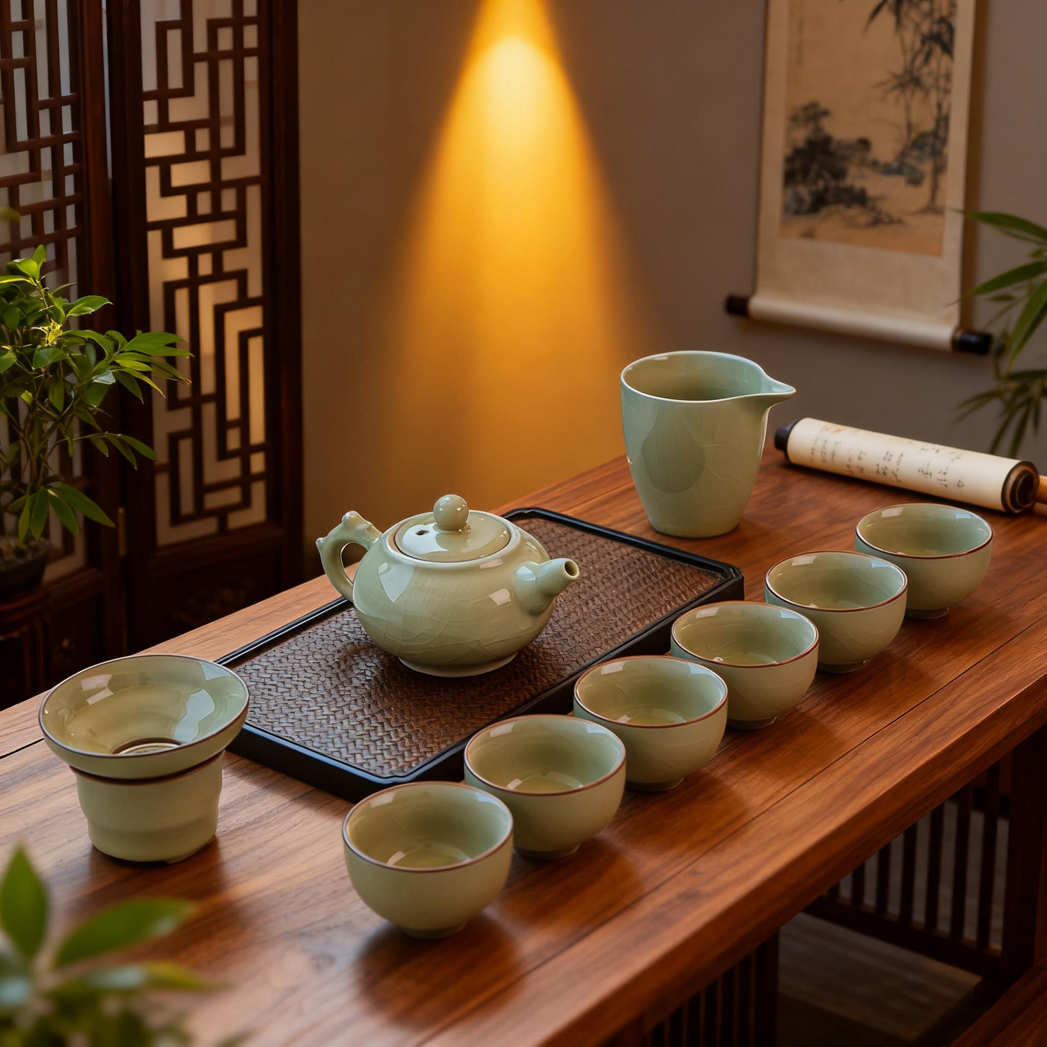景德镇青瓷冰裂釉整套功夫茶具套装办公室会客家用泡茶壶茶杯开片
