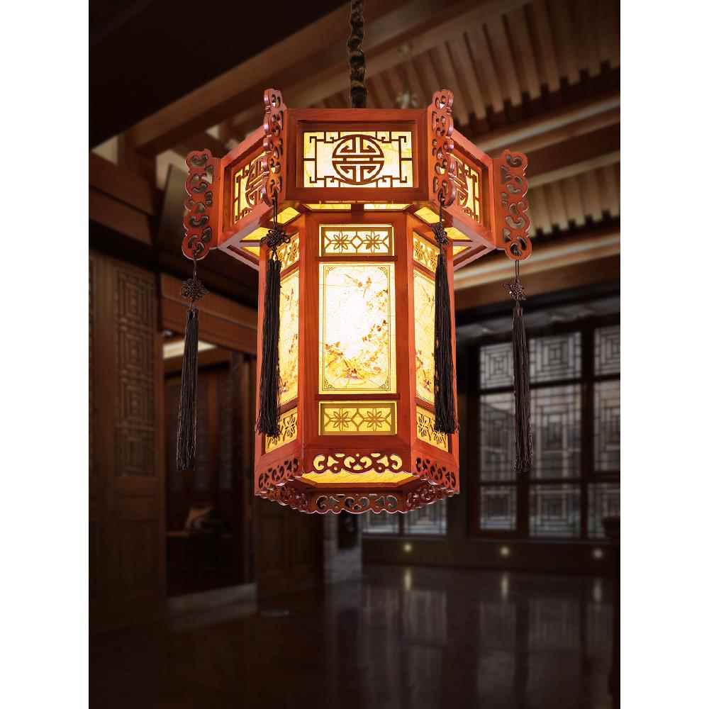 仿古中式宫灯实木六角灯笼镂空雕花阳台吊灯古典建筑长廊工程吊灯