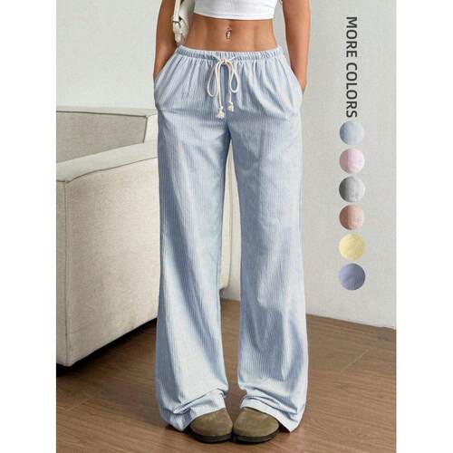 Women's Striped Wide Leg Pants  Elastic Waist Sporty Style