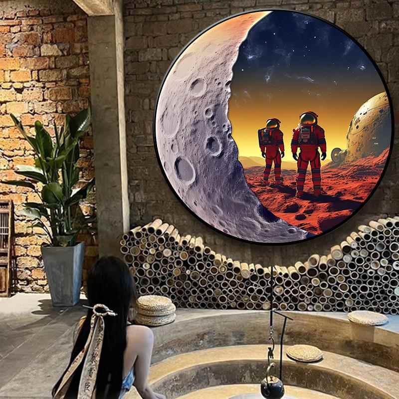 月球发光灯画露营风清吧酒吧烧烤店挂画儿童房台球厅宇航员装饰画图片