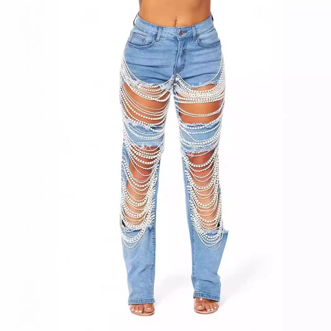 Straight Leg Jeans for Women MidRise Distressed Ripped Hole图片