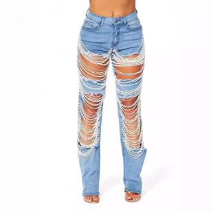 Straight Leg Jeans for Women MidRise Distressed Ripped Hole
