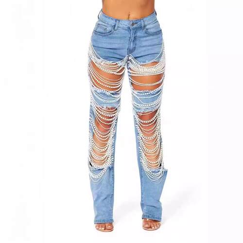 Straight Leg Jeans for Women MidRise Distressed Ripped Hole
