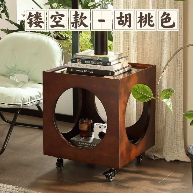 复古风客厅可移动茶桌简约推车沙发茶几床头柜实木藤编小边几