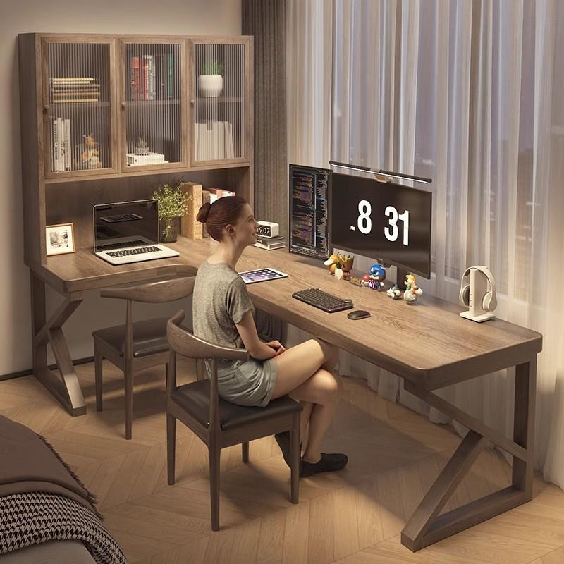 复古风实木电脑桌转角书桌书柜一体儿童学习写字工作台l型办公桌