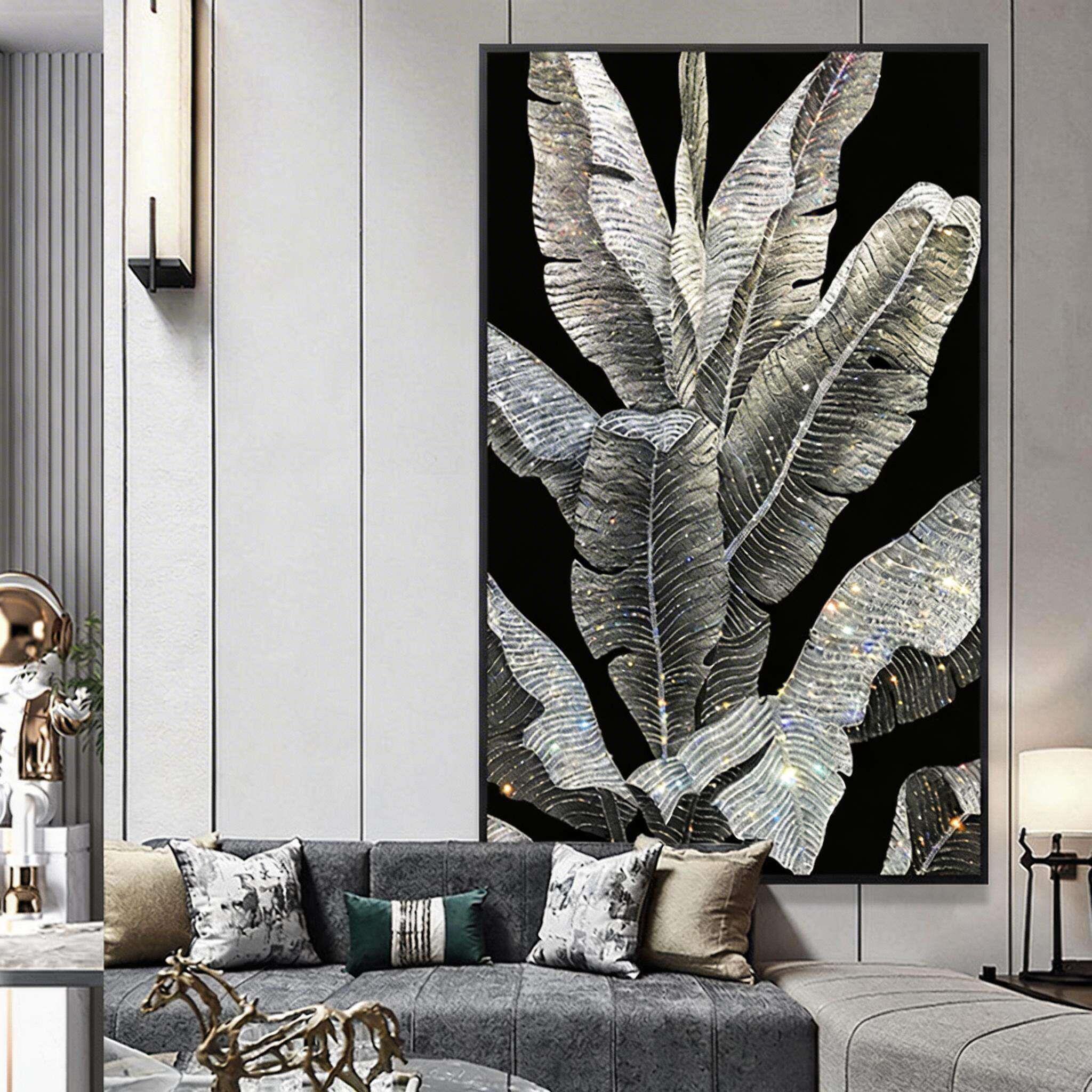 晶瓷镶钻画轻奢客厅装饰画走廊玄关沙发墙挂画竖芭蕉叶画