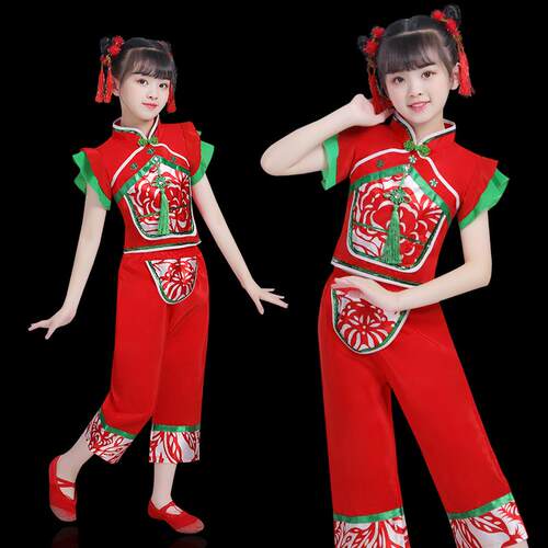 正品六一童秧歌服国风表演服扇子女舞开儿 中门红童打鼓服春喜庆
