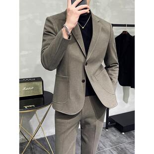 秋冬加厚毛呢西装套装男士韩版修身高级感商务正装西服主持人礼服