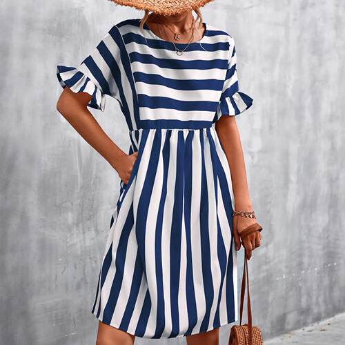 Women's ruffled short sleeved striped patchwork pocket