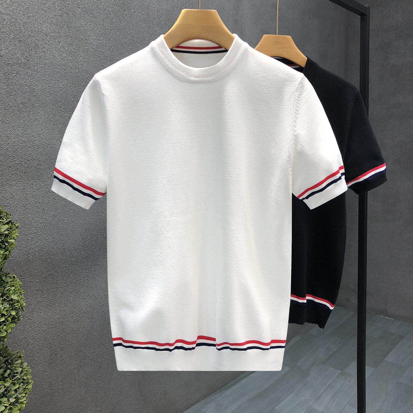 『DMXUXM』新品好物~简约色调~新款圆领彩条撞色休闲冰丝短袖男潮