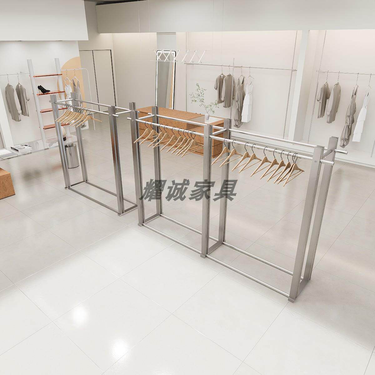 不锈钢服装展示架双排中岛架桦木海洋板陈列架男女童装店挂衣货架