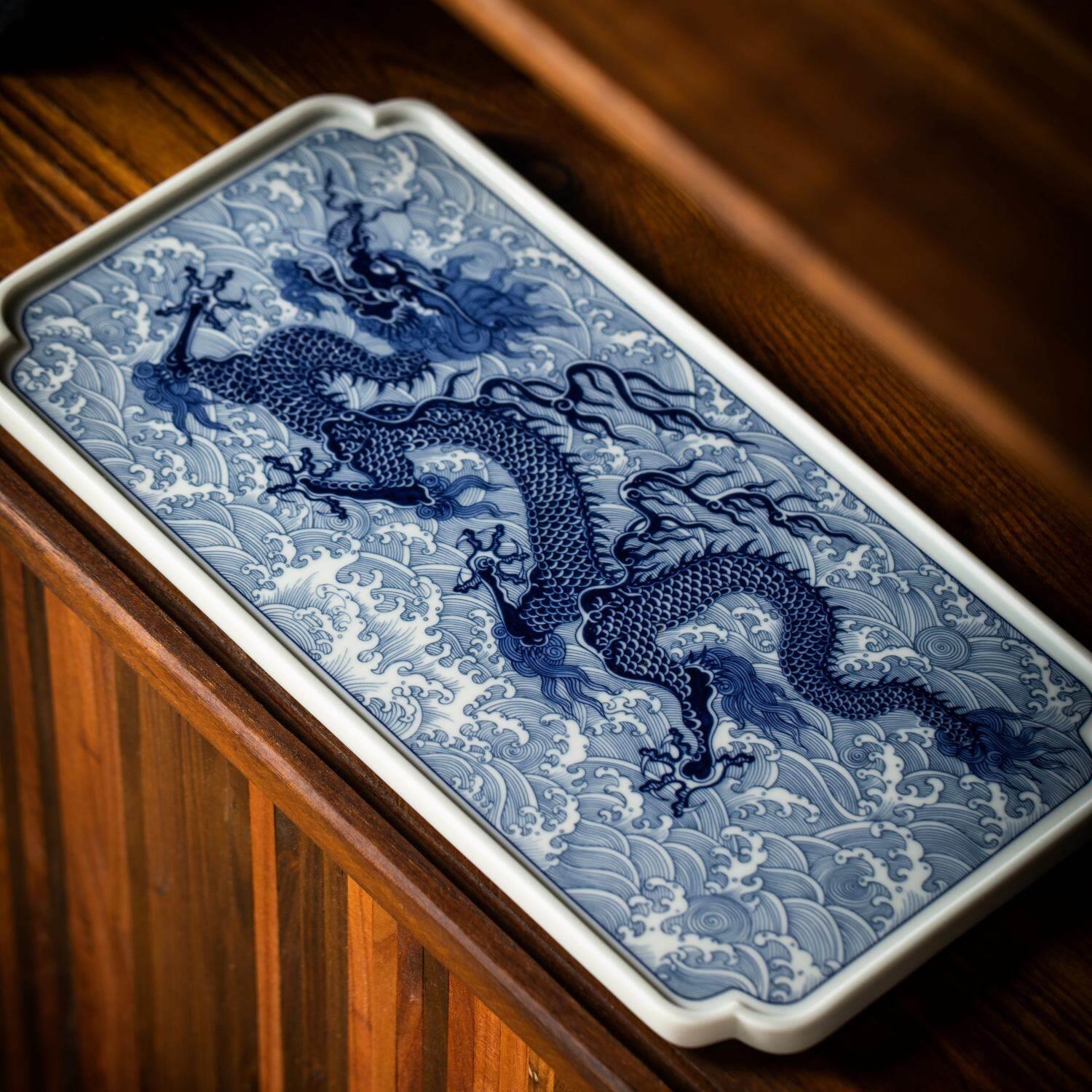 景德镇陶瓷彷古泥青花海水龙茶盘单个干泡台大号壶承家用中式赏盘