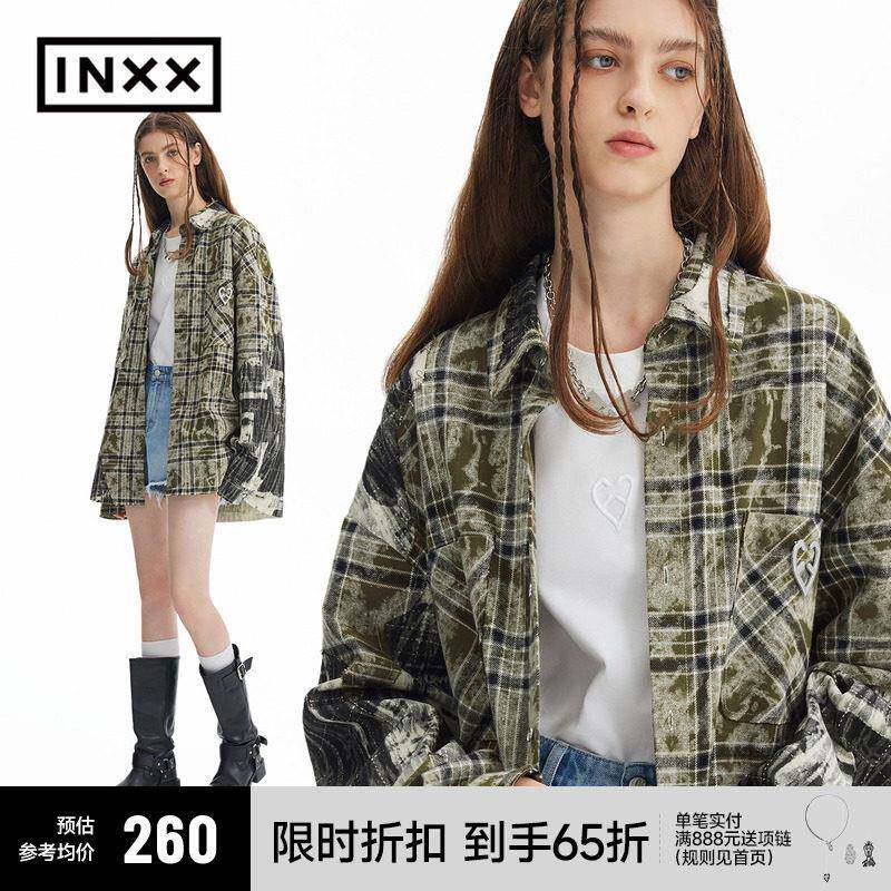 【INXX】潮流街头长袖衬衫男女同款美式覆古做旧格子衬衣外套