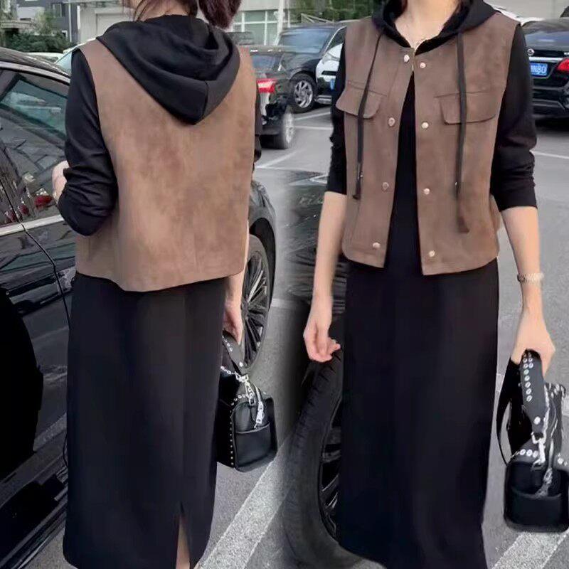 法国Rouje Moaks连帽运动衫裙套装女2026春秋复古马甲洋装两件套