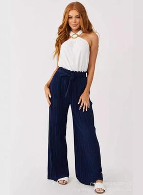 pleated color trousers strap waist fashion womens high