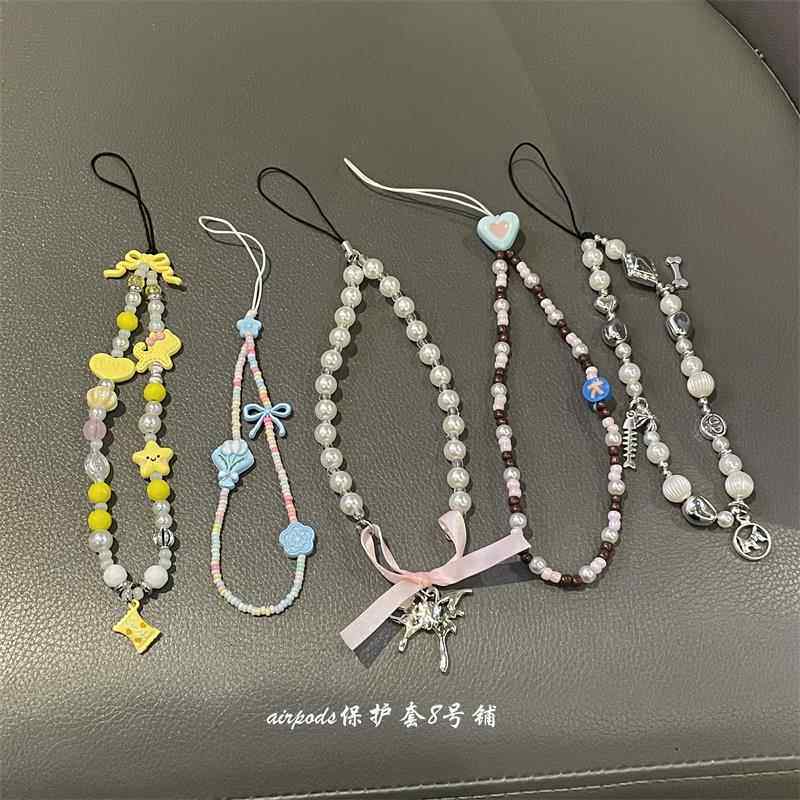 韩系ins珍珠蝴蝶结小猫咪手机挂链包包车钥匙挂件耳机壳挂饰品