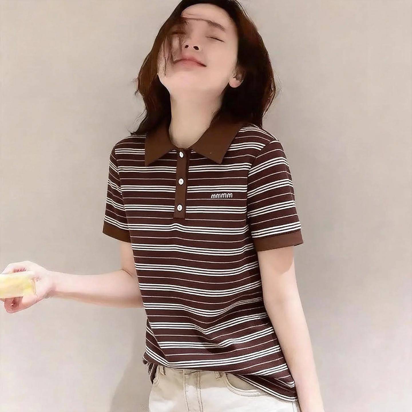 韩版咖色设计感时髦翻领短袖T恤女夏新款时尚减龄超好看上衣潮ins