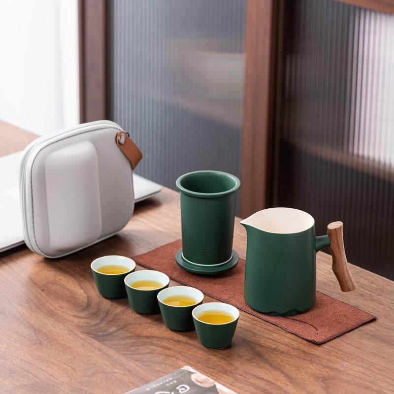 旅行茶具套装批发快客杯一壶四杯茶壶国潮便携式户外高档陶瓷木柄