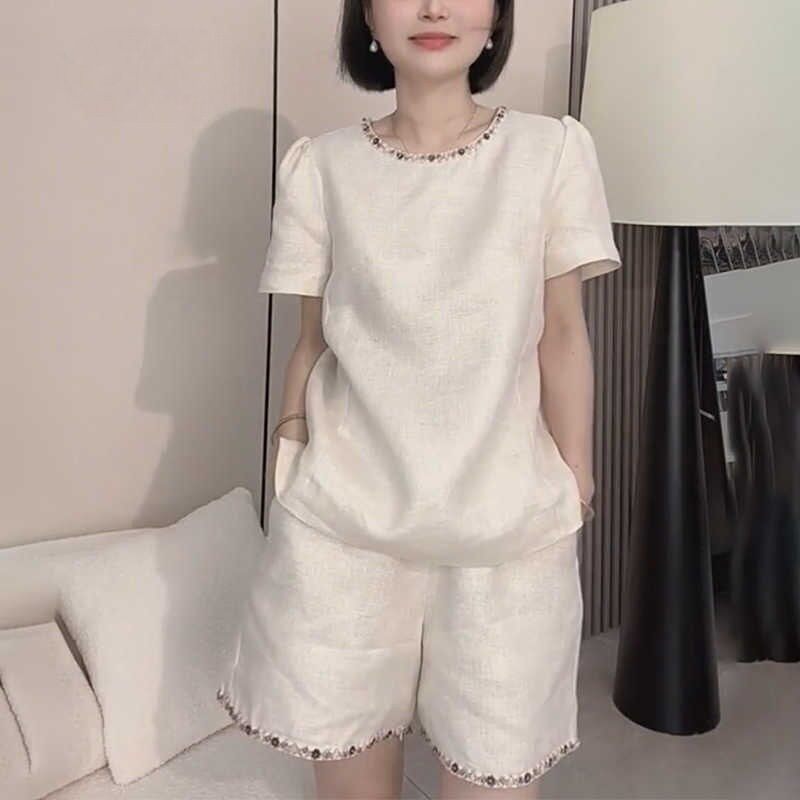 香港欧货小香风法式短袖短裤套装女夏名媛风白色棉麻亚麻两件套潮