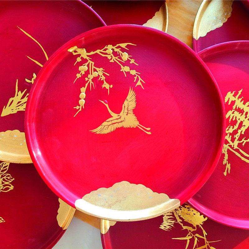 漆器圆托盘实木手工贴金箔彩绘仙鹤漆器摆盘干泡茶盘梅兰竹菊果盘