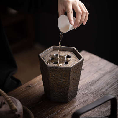 陶瓷日式复古带盖建水茶渣桶家用过滤茶钵茶水洗小茶盂储水废水桶