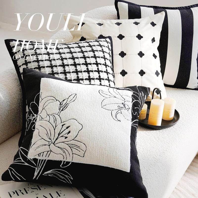 现代简约抱枕轻奢高级感靠枕黑白刺绣靠垫床上客厅沙发抱枕套含芯