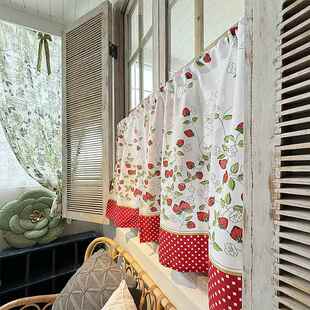 防水防污面料易清洗草莓厨房窗帘半帘门帘免打孔穿杆挂钩魔术贴帘