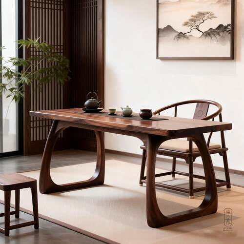 新中式茶桌椅组合简约别墅茶室茶台现代办公北美黑胡桃木泡茶台
