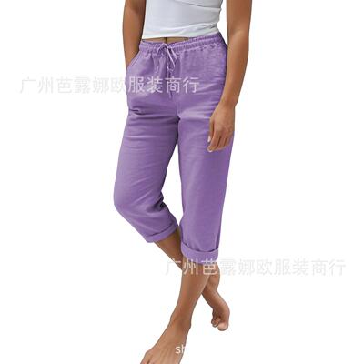 Ladies' elastic high waisted cotton and linen cropped pants