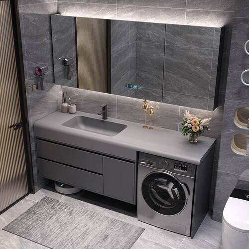 定制可丽耐浴室柜洗衣机伴侣卫生间岩板热弯一体盆洗漱台面盆组合