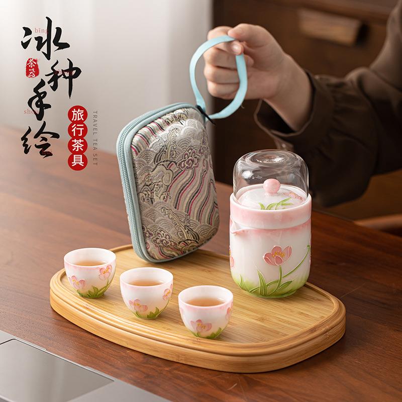 冰种玉瓷手绘旅行茶具一壶三杯便携快客杯家用户外露营简易泡茶器