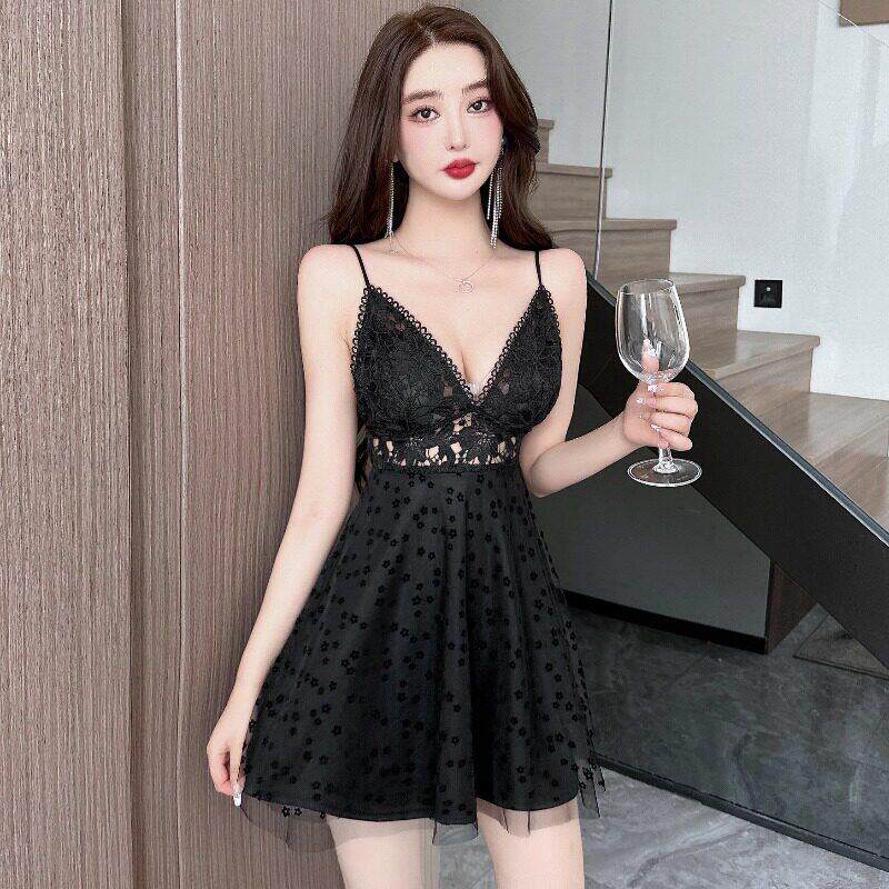 性感深领露背收腰吊带裙夜总店无袖蕾丝透视显瘦辣妹女装洋装
