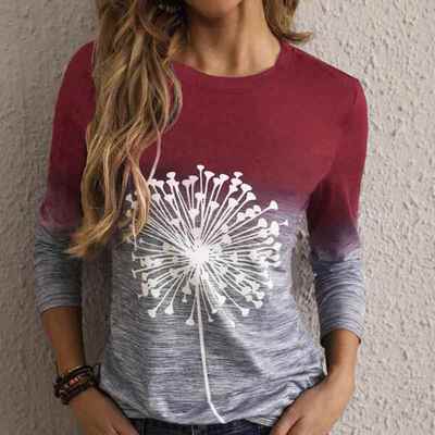 Gradient Wide Top Neck Womens Round Long Dandelion T-Shirt