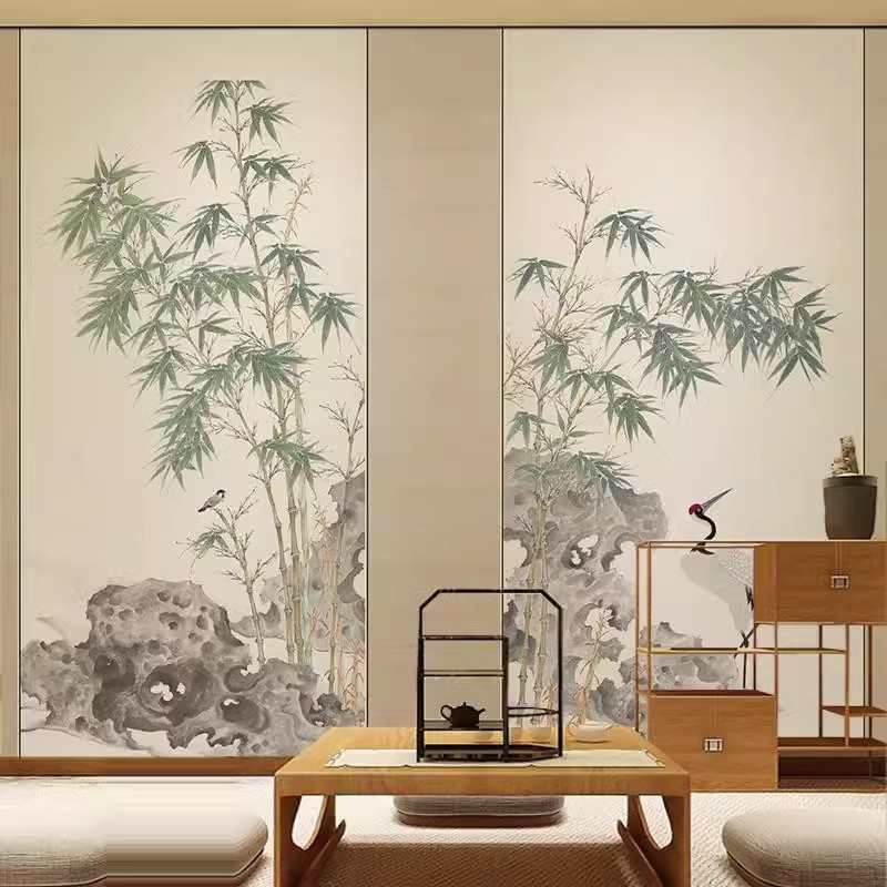 中式意境古风壁纸水墨竹影书房背景墙纸壁布卧室客厅茶室定制壁画