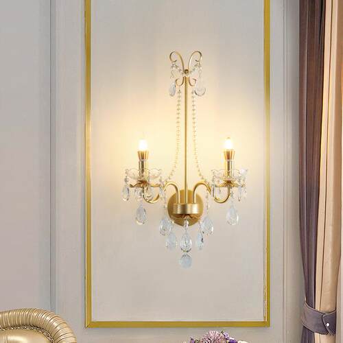 卧室床头全铜壁灯欧式客厅背景墙灯法式复古轻奢走廊过道水晶灯具