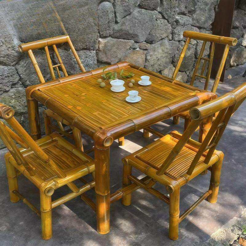 手工竹桌椅组合户外庭院茶几竹编围炉煮茶桌子家用复古餐桌椅