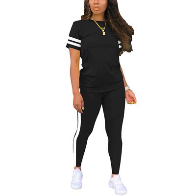 Women's Striped Print Tee & Pants Two-piece Set Casual