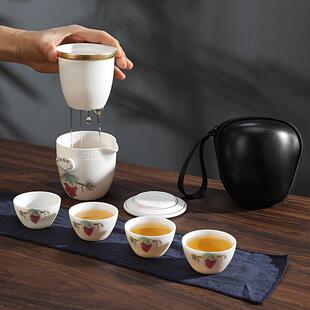 旅行茶具中式国风户外便携高档功夫白瓷一壶四杯收纳包套装新中式