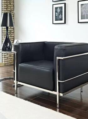 超迁皮沙发客厅现代简约风不锈钢黑色皮艺单双三人LC3柯布西耶