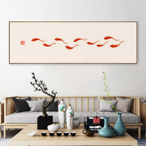 新中式九鱼图客厅玄关装饰画中国风九条鱼竖版鲤鱼图餐厅挂画