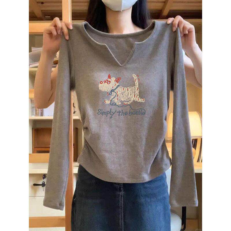 韩国女装休闲风小V领收腰正肩长袖t恤棉修身版型减龄百搭时尚上衣