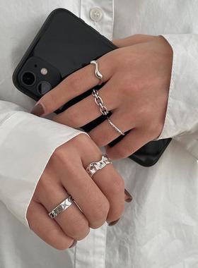 韩版S925银几何戒指女复古不规则素圈细开口指环个性创意食指戒潮