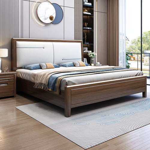 胡桃木实木床1.8米主卧现代简约双人床1.5中式轻奢家具软靠高箱床