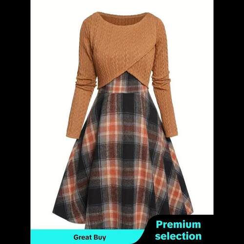 U 96512 Knitted Long Sleeve Top Plaid Dress 针织格子连衣裙