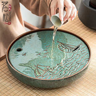 圆形茶盘大号干泡盘茶台家用陶瓷储水盘酒店茶具用品家用茶海 日式