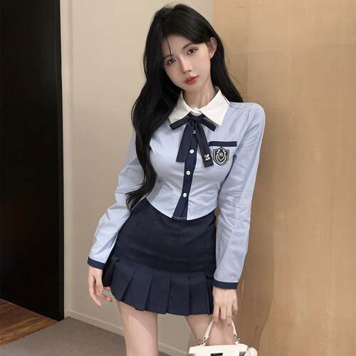 2025秋季新款学院风制服长袖衬衫女减龄设计感上衣校园穿搭衬衣