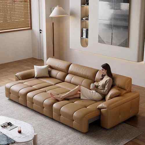 意式极简大象耳朵电动平推真皮沙发直排功能沙发床智能皮艺沙发