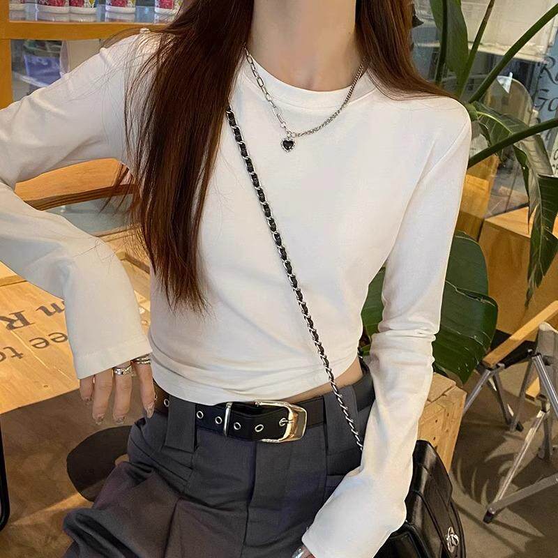 莫代尔秋季新款长袖t恤高腰上衣修身百搭白色打底衫小个子体恤女