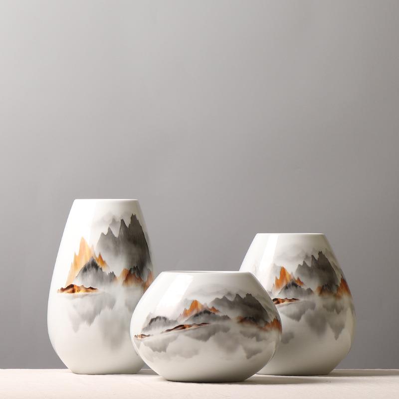 新中式贴花山水陶瓷花瓶 样板房客厅插花装饰品茶几餐桌水培摆件