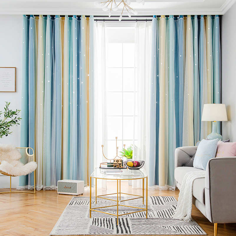 窗纱客厅纯色1vpk安装全遮光简易一整套窗卧室伸缩窗帘打孔免飘杆